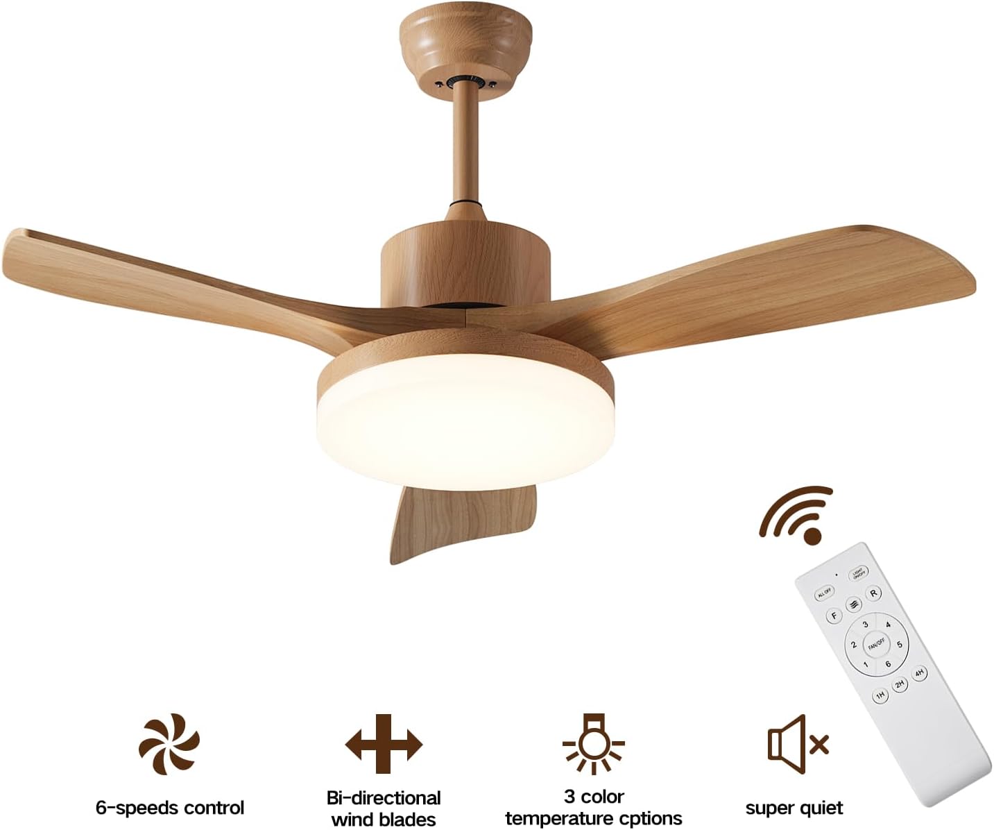 42 Inch Ceiling Fans with Lights, 3 Blades Modern Ceiling Fan with Remote Control, Solid Wood Fan with Light for Patios, Outdoor, Living Room, Dining Room, Bedroom