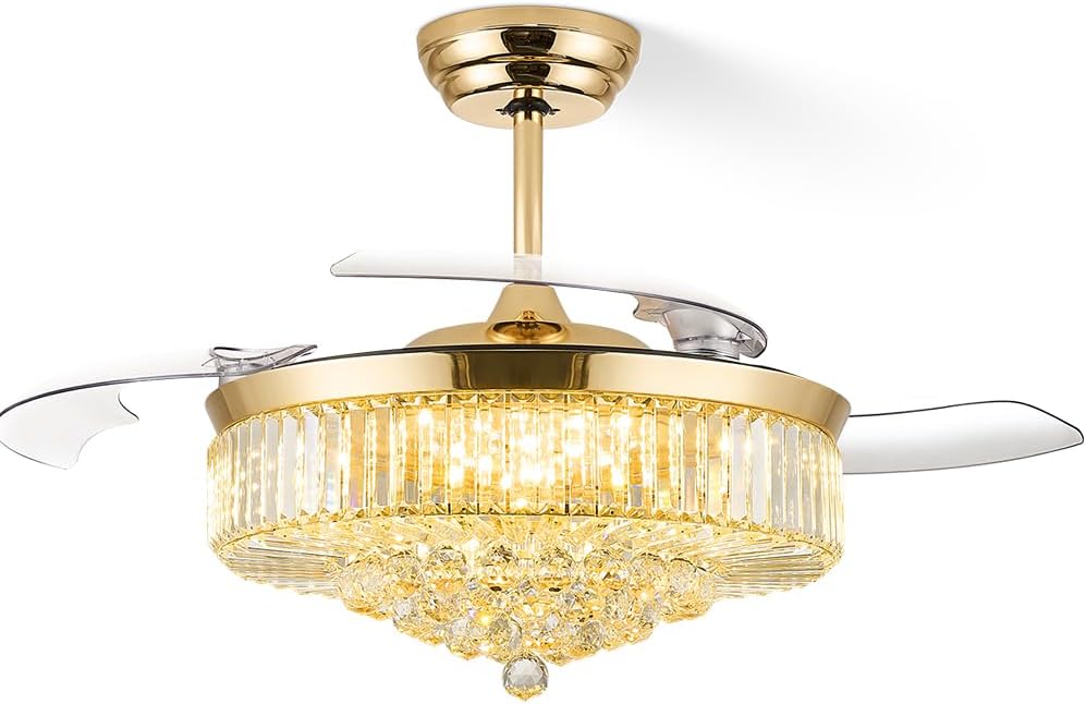 FIDGRA 52 Inch Fandelier Ceiling Fan with Light, Retractable Chandelier Fan, 3 Color Temperature, 6 Wind Speed, Crystal Ceiling Fan for Bedroom Living Room Dining Room-Gold