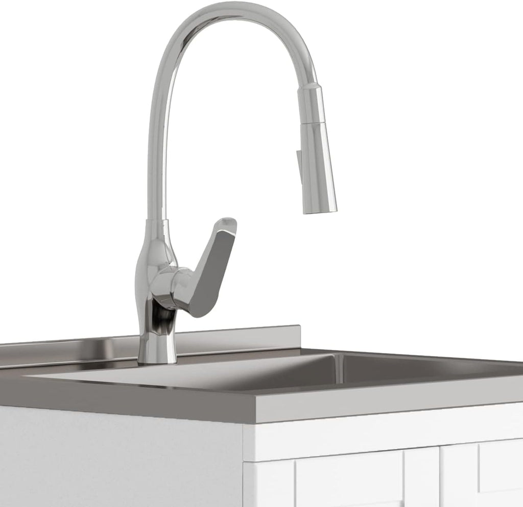 SIMPLIHOME Reed All-in-One 24 inch Wide Utility Sink and Laundry Cabinet in Pure White Finish, Transitional Stainless Steel Sink Cabinet for Laundry Rooms with High-Arch Chrome Faucet and Storage