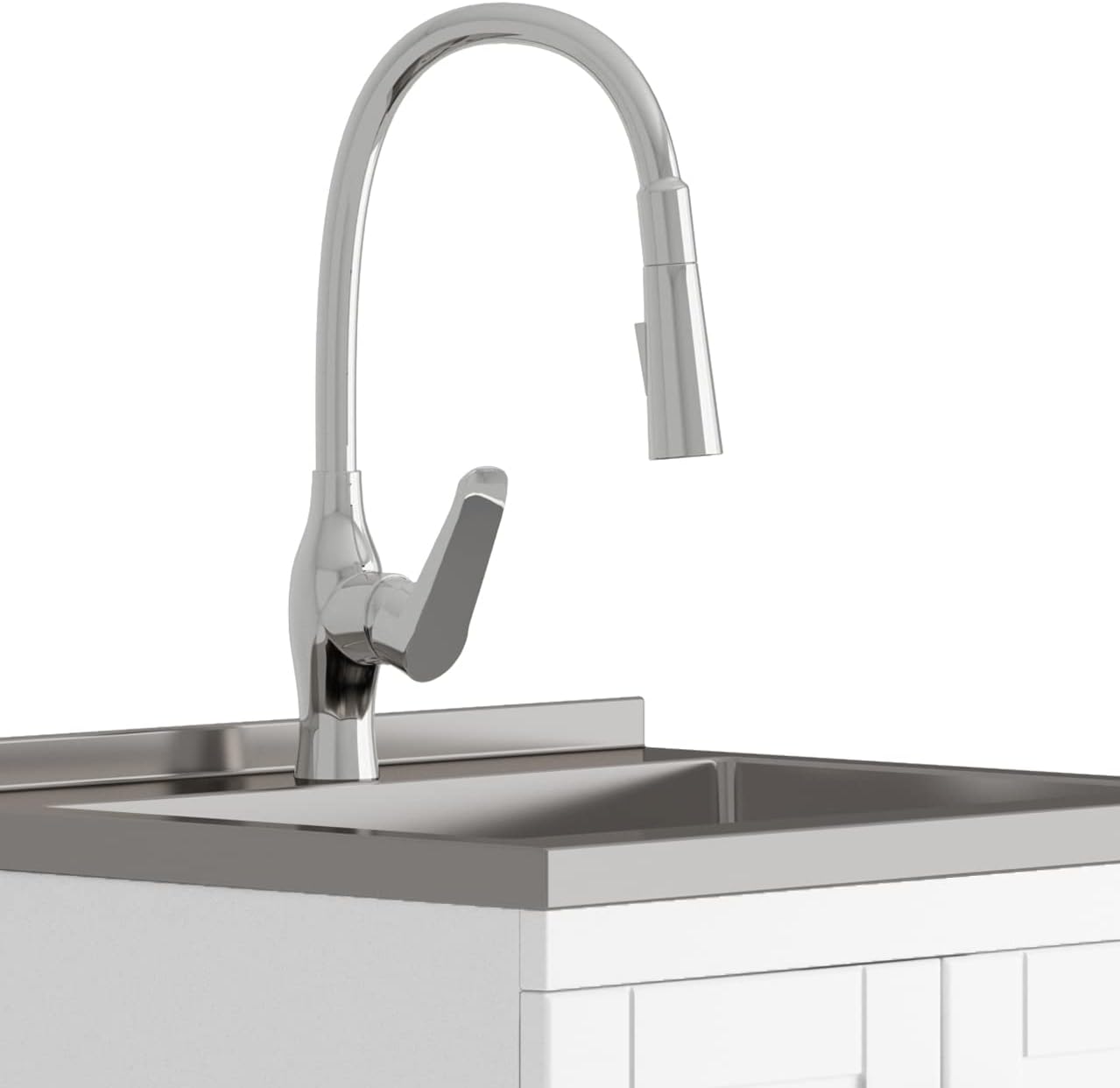 SIMPLIHOME Reed All-in-One 24 inch Wide Utility Sink and Laundry Cabinet in Pure White Finish, Transitional Stainless Steel Sink Cabinet for Laundry Rooms with High-Arch Chrome Faucet and Storage