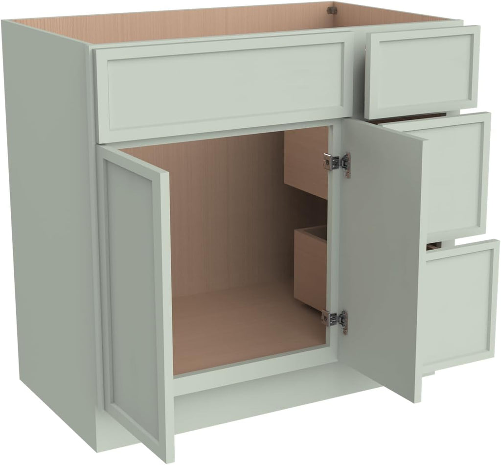 Solid Wood RTA 42' Bathroom Vanity Single-Sink Drawer Base Cabinet Sink Storage Cabinet with Soft-Close 2 Doors and 3 Right Drawers (NT-Jade Green, 42' W × 21' D × 34-1/2'H)