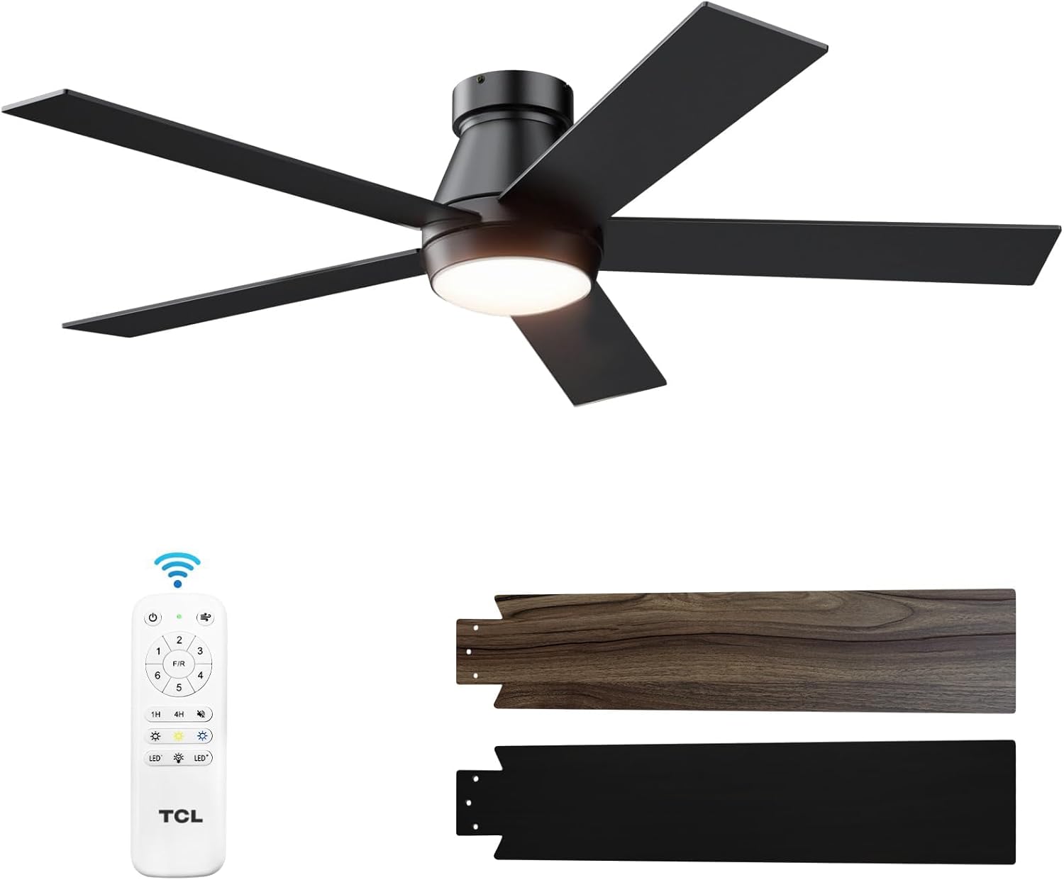 TCL 52' Ceiling Fan with Lights, Black Flush Mount Ceiling Fans with Remote Control, 6 Speeds DC Reversible, Dimmable, Noiseless, Low Profile Ceiling Fans for Bedroom