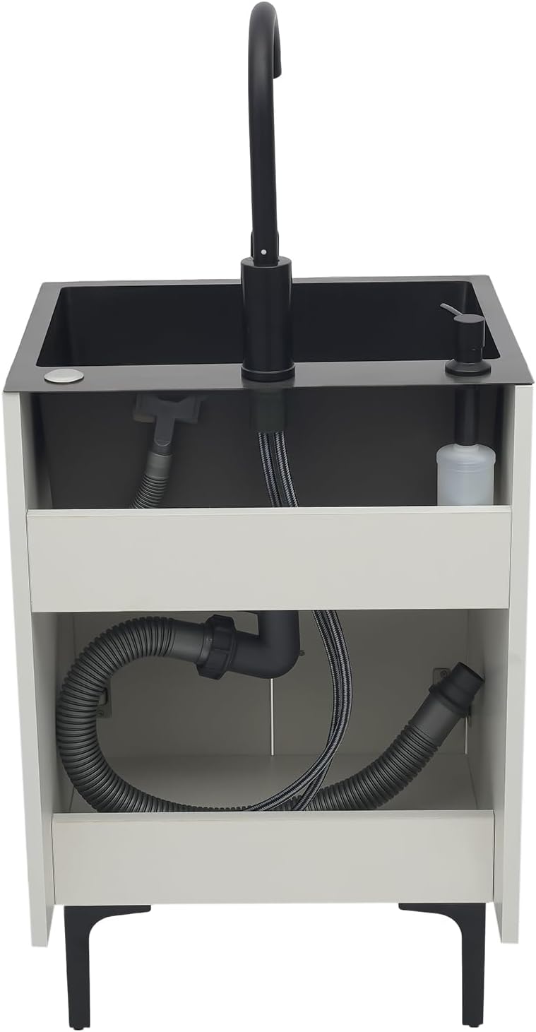 20-Inch Laundry Sink with Cabinet and Hot & Cold Faucet, Stainless Steel Utility Sink with Cabinet, White Cabinet with Single Bowl Sink for Laundry & Utility Room, Kitchen, Bathroom, Basement