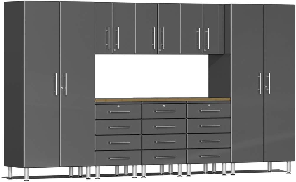 Ulti-MATE UG22092G 9-Piece Garage Cabinet Kit with Bamboo Worktop in Graphite Grey Metallic
