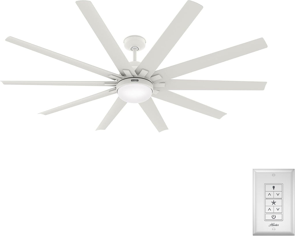 Hunter 72 inch Outdoor or Indoor Ceiling Fan with LED Light - White Ceiling Fan with Wall Control, For Patio, Garage, or Porch, Quiet, Standard Mount, 10 Blades - Overton 50717, Matte White