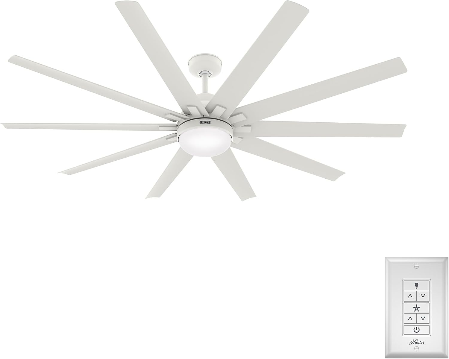 Hunter 72 inch Outdoor or Indoor Ceiling Fan with LED Light - White Ceiling Fan with Wall Control, For Patio, Garage, or Porch, Quiet, Standard Mount, 10 Blades - Overton 50717, Matte White