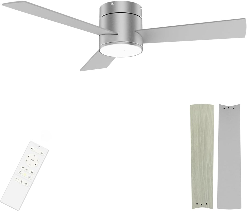 GESUM 42 Inch Ceiling Fan with Lights, Flush Mount Ceiling Fans with Remote Control, Dimmable, 3CCT, Reversible, Nickel Bedroom Ceiling Fans with 3 Blades for Patios Bedroom Kitchen Porch (Nickel)