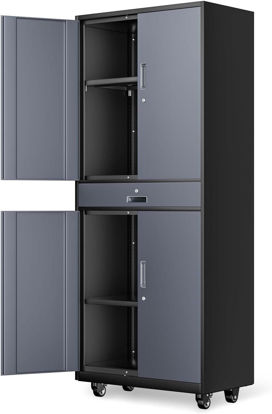 DNA Motoring Metal Storage Cabinet, 73'' Rolling Garage Cabinet with 1 Drawer and Adjustable Shelves, Lockable Cabinet Heavy Duty Utility Cabinet for Garage,Office,Home,Gray Black, TOOLS-00630-GY-BK