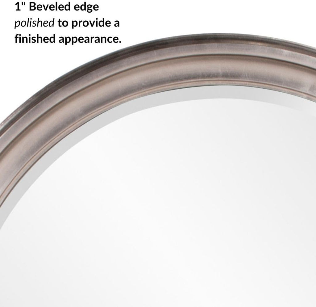 Howard Elliott George Round Brushed Nickel Wall Mirror, Bevelled Vintage Hanging Wood Framed Vanity Mirrors for Home Decor, Living Room, Bathroom, Bedroom, or Hallway, 36 Inch Round