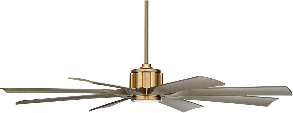 Possini Euro Design 60' Defender Modern Outdoor Ceiling Fan with Dimmable LED Light Remote Control Soft Brass Weathered Oak Blades Damp Rated for Patio Exterior House Porch Gazebo Garage Barn