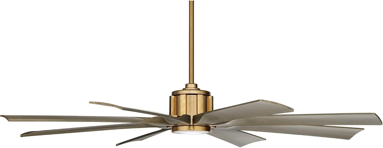Possini Euro Design 60' Defender Modern Outdoor Ceiling Fan with Dimmable LED Light Remote Control Soft Brass Weathered Oak Blades Damp Rated for Patio Exterior House Porch Gazebo Garage Barn