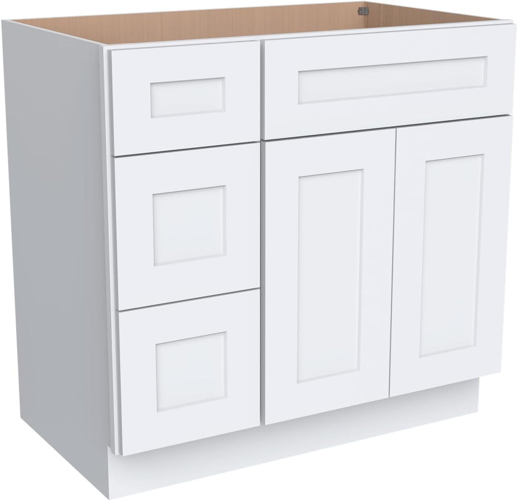 Solid Wood RTA Bathroom Vanity Sink Base Cabinet Sink Storage Cabinet with 2 Doors and 3 Left Drawers（White, 42'W × 21'D × 34-1/2'H