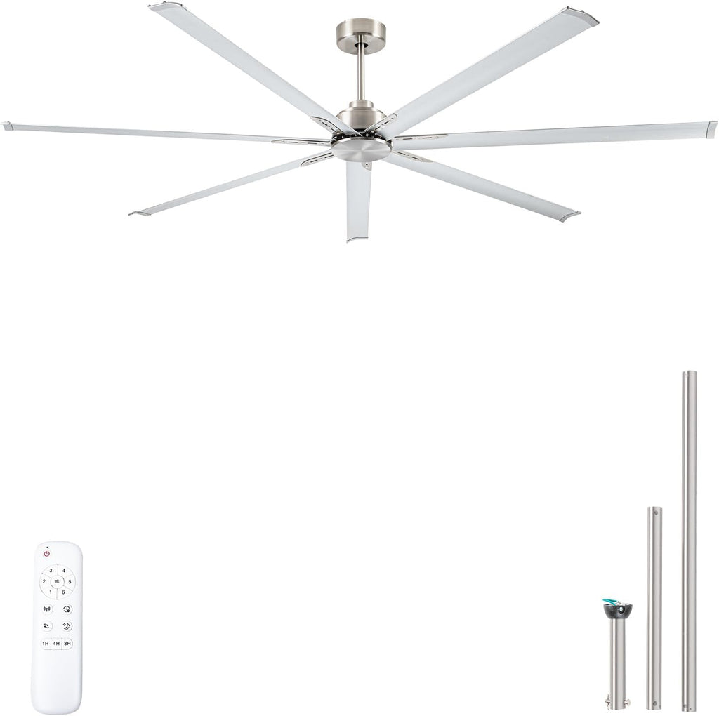 Minislak 96 Inch HVLS Aluminum 7 Blades Industrial & Commercial Ceiling Fan no Light,8ft High CFM DC Motor,6-Speed,Indoor Outdoor Ceiling Fan for Patio,Garage,Shop,Library(Brused Nickel)