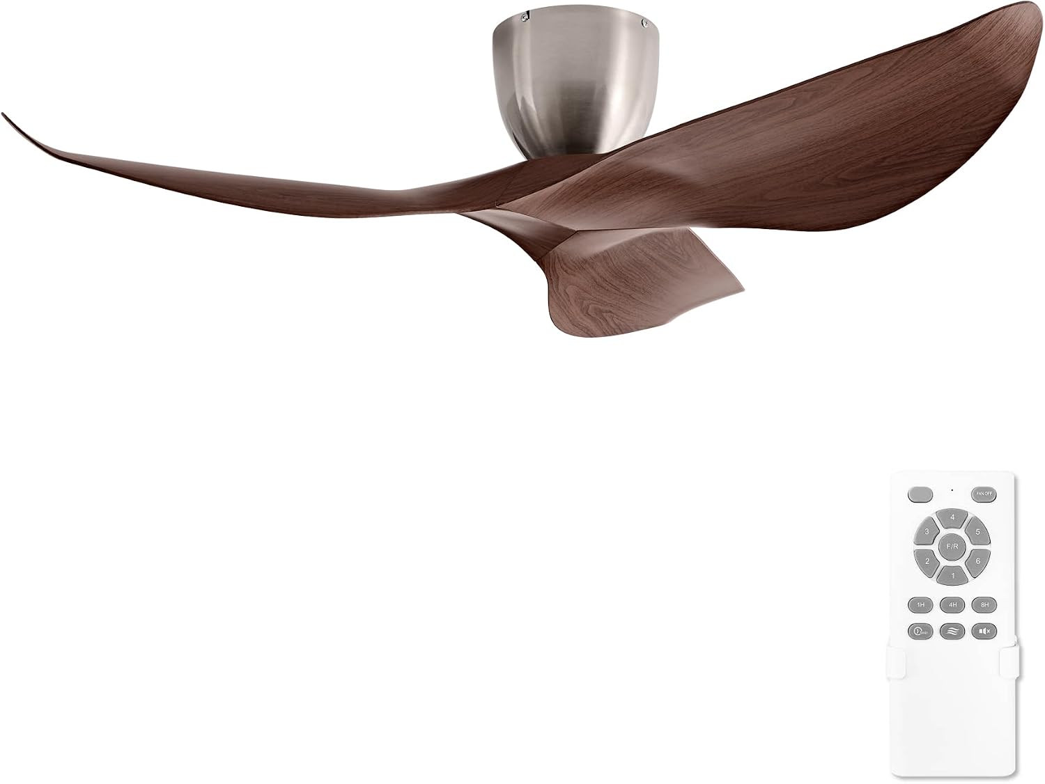 52' Walnut Color Flush Mount Ceiling Fan with Remote, No Light | Modern Low-Profile, Heat Resistant ABS Blades, 6-Speed Reversible Quiet DC Motor for Balcony, Living Room, Bedroom