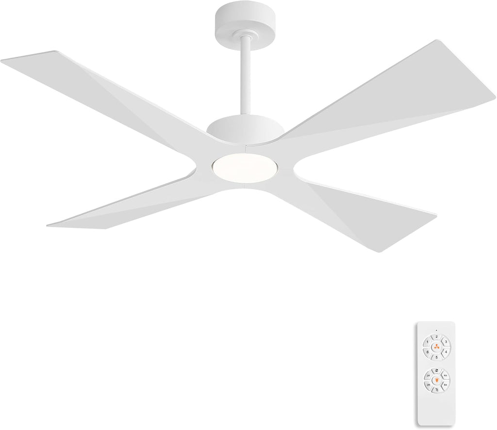 WINGBO 54' Wet Rated Outdoor Ceiling Fan with Lights, 4 ABS Plastic Blades, Reversible DC Motor, 6-Speed Remote Control, 3 CCT, Waterproof Ceiling Fan for Patio Porch Gazebo Garage, Gloss White