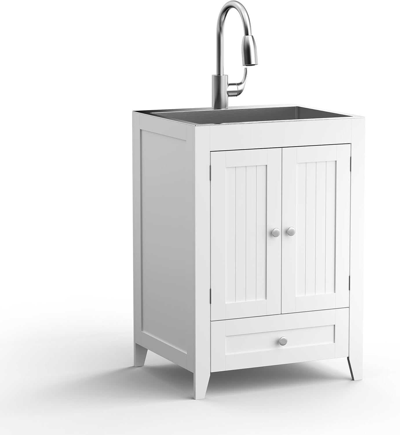 VINGLI 24-Inch Laundry Sink with Cabinet and Pull-Out Sprayer Faucet, Stainless Steel Utility Sink with Cabinet and Drawer Combo, Cabinet with Sink for Laundry & Utility Room, Kitchen, Bathroom, White