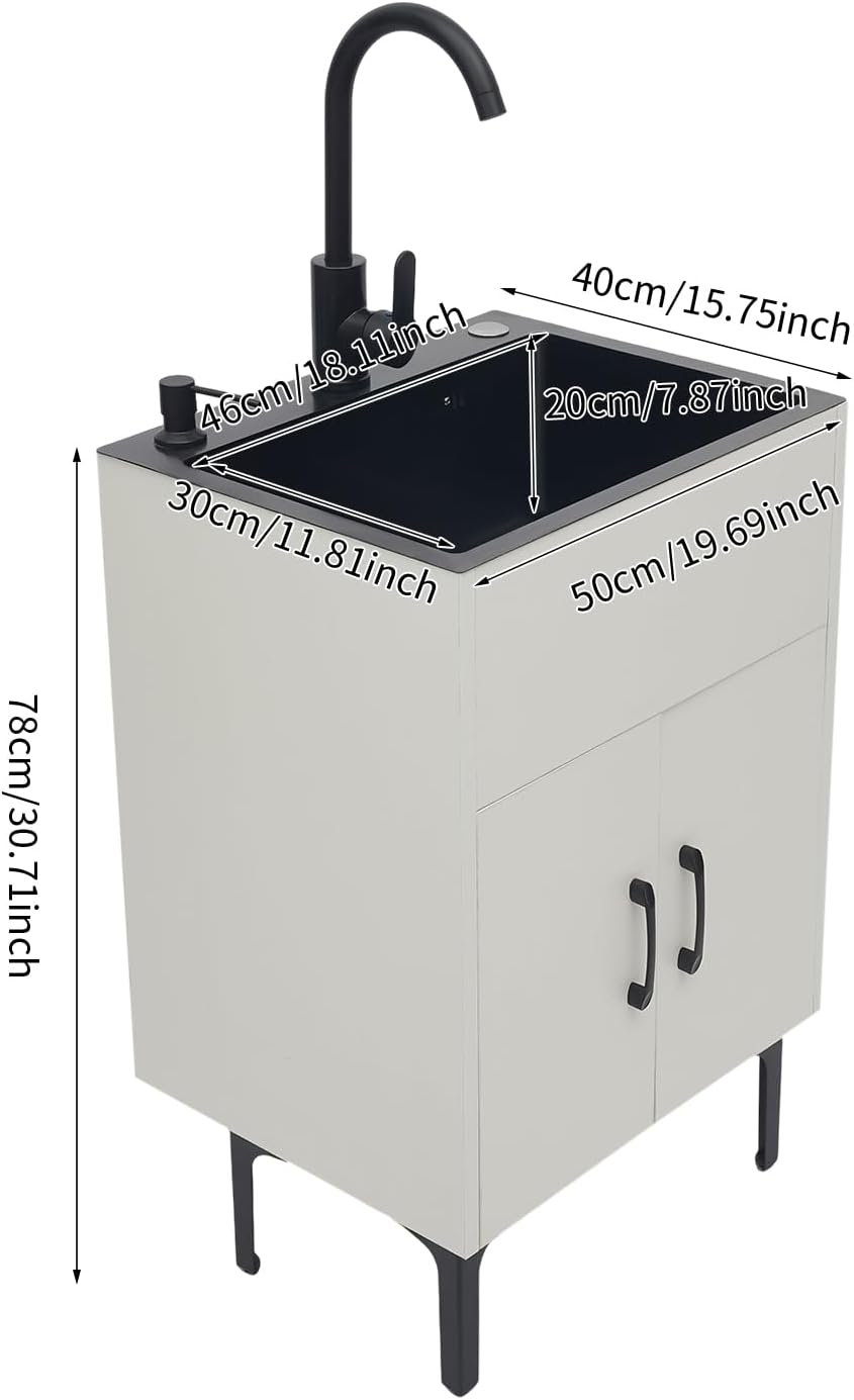 20-Inch Laundry Sink with Cabinet and Hot & Cold Faucet, Stainless Steel Utility Sink with Cabinet, White Cabinet with Single Bowl Sink for Laundry & Utility Room, Kitchen, Bathroom, Basement