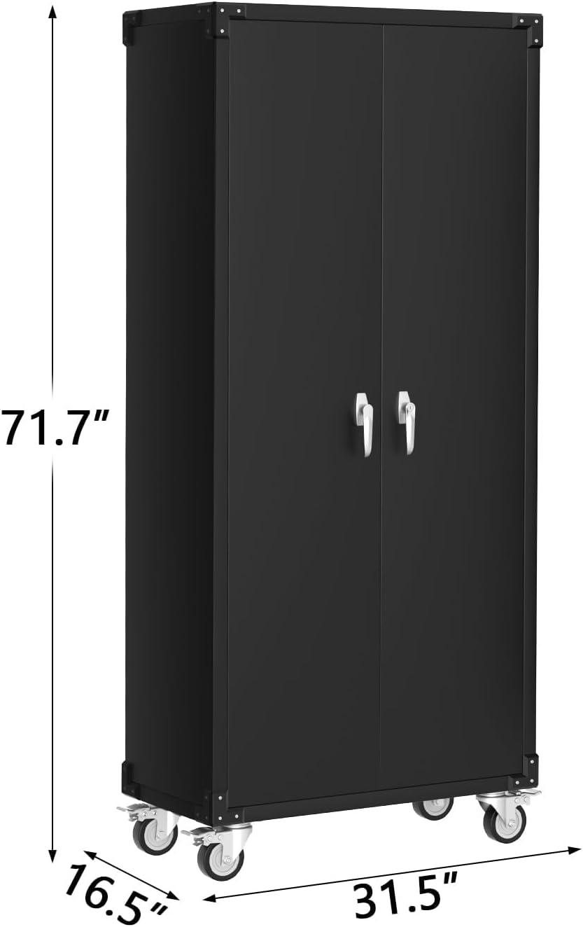 71.7' Metal Garage Storage Cabinet with Wheels, Locking Doors, Pegboard & 4 Adjustable Shelves, Heavy Duty Steel Cabinet for Garage, Workshop, Home, Office, Black