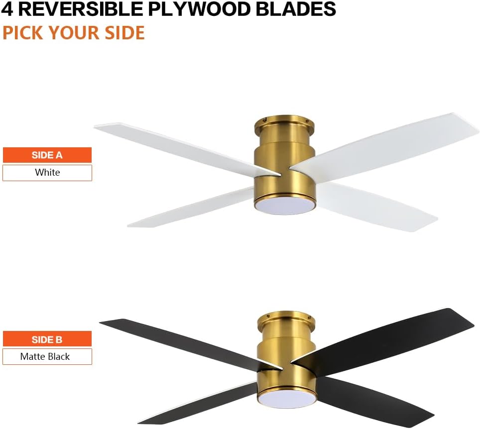 WINGBO 52 Inch Flush Mount DC Ceiling Fan with Lights and Remote, 4 Reversible Blades, Ultra Quiet 6-Speed DC Motor, Hugger Low Profile Indoor Ceiling Fan, Brass Finish
