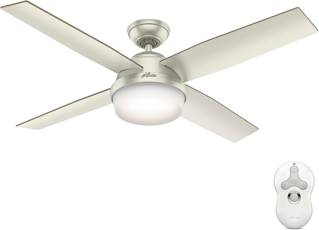 Hunter 52 inch Outdoor or Indoor Ceiling Fan with LED Light and Remote Control - Modern Ceiling Fan, Standard Mount, 4 Blades, For Patio, Porch, Garage, or Living Room - Dempsey 59450, Matte Nickel