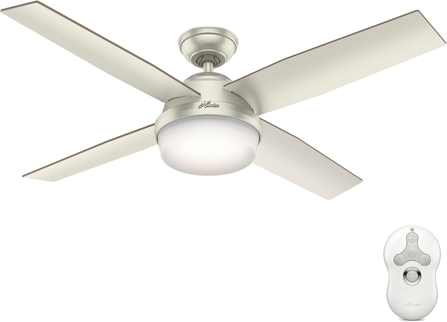 Hunter 52 inch Outdoor or Indoor Ceiling Fan with LED Light and Remote Control - Modern Ceiling Fan, Standard Mount, 4 Blades, For Patio, Porch, Garage, or Living Room - Dempsey 59450, Matte Nickel