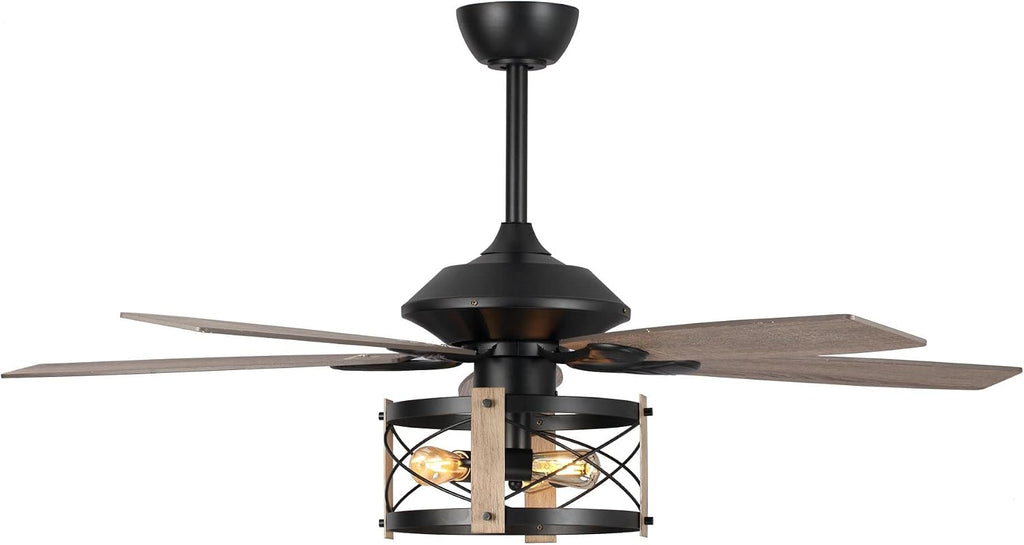 Parrot Uncle Ceiling Fans with Lights and Remote Farmhouse Ceiling Fan with Light 52 Inch Black Outdoor Ceiling Fans for Patios Covered, Reversible Motor