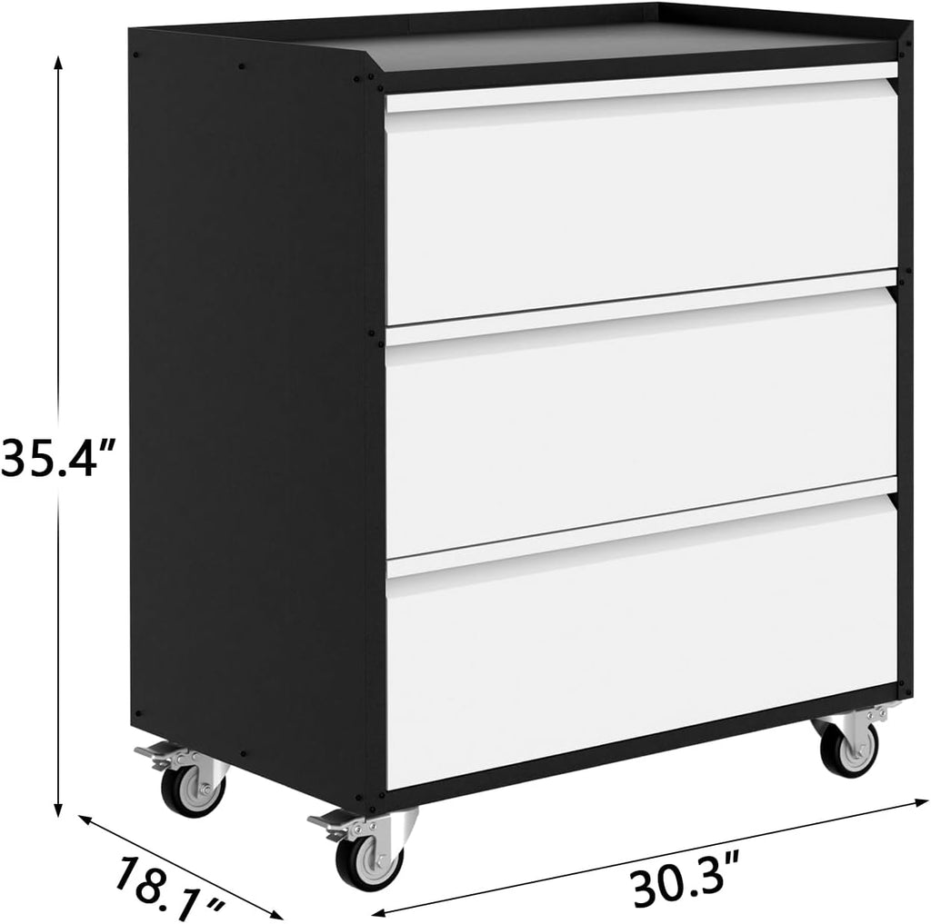 GarveeHome Lockable Metal Rolling Tool Chest with 3 Drawers, Storage Cabinet with Wheels for Garage and Warehouse, Assembly Required