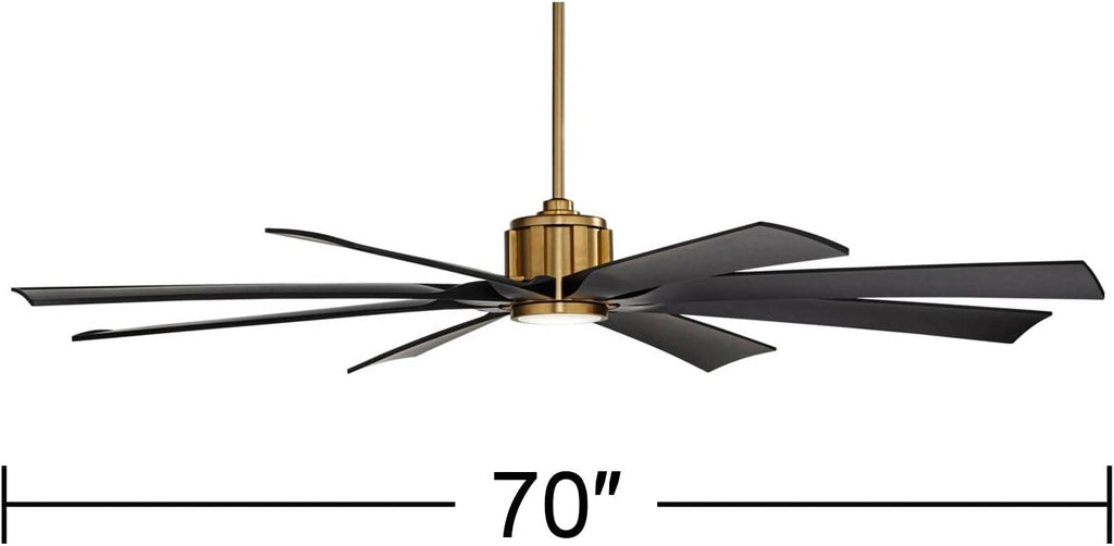 Possini Euro Design 70' Defender Modern Outdoor Ceiling Fan with LED Light Remote Control Soft Brass Matte Black Damp Rated for Patio Exterior House Home Porch Gazebo Garage Barn