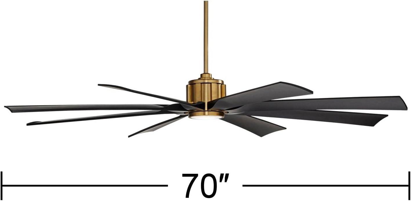 Possini Euro Design 70' Defender Modern Outdoor Ceiling Fan with LED Light Remote Control Soft Brass Matte Black Damp Rated for Patio Exterior House Home Porch Gazebo Garage Barn