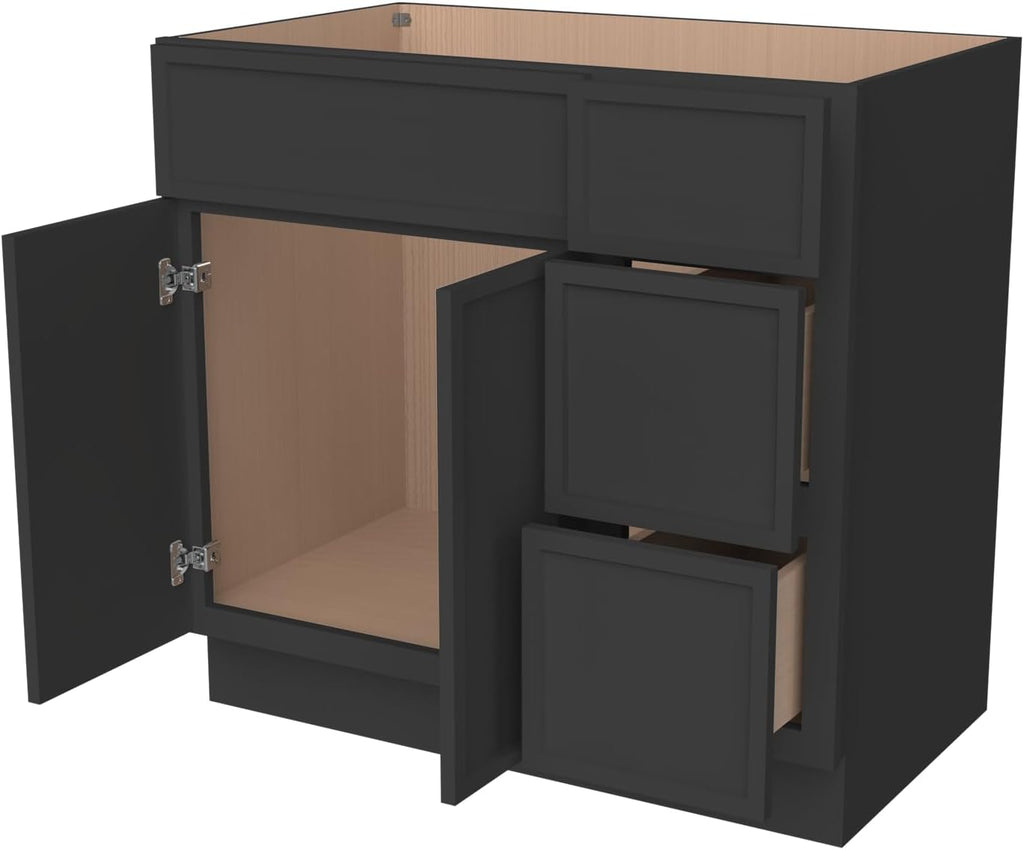 Solid Wood RTA 42' Bathroom Vanity Single-Sink Drawer Base Cabinet Sink Storage Cabinet with Soft-Close 2 Doors and 3 Right Drawers (NT-Charcoal Black, 42' W × 21' D × 34-1/2'H)