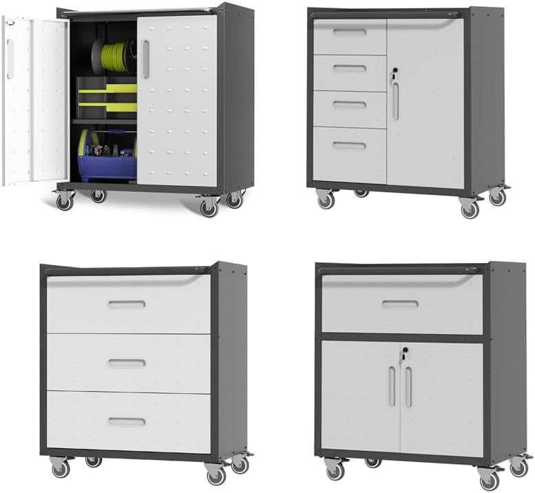 Garage Storage Cabinet System 4pcs Heavy Duty Workshop Set Lockable Rolling Tool Cabinets with Adjustable Shelves Metal Garage Storage Cabinets