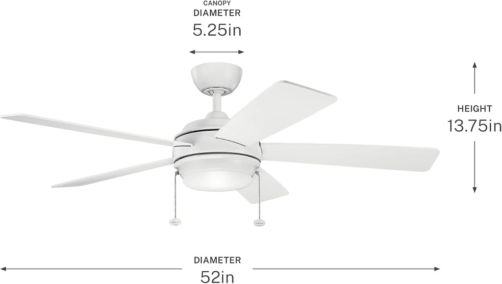 Kichler Starkk 52 in LED Ceiling Fan with Light, 5 Blade Modern White Ceiling Fan with Integrated LED Light and Downrod for Bedroom, Living Room, Kitchen, Dining Room, 330174MWH