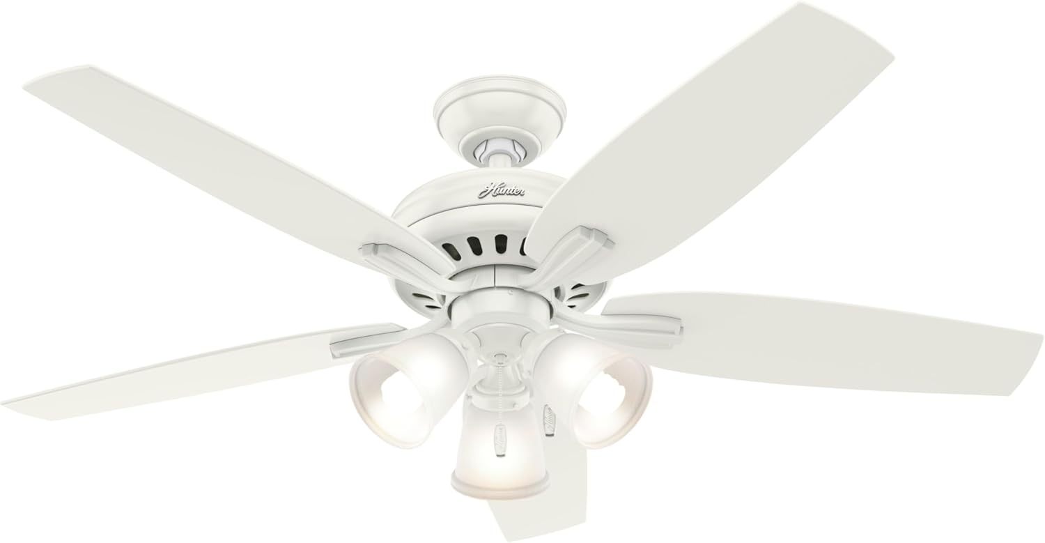 Hunter 52 inch Indoor Ceiling Fan with LED Lights - White Ceiling Fan with Pull Chain, For Bedroom or Living Room, Standard Mount, No Remote, 5 Blades, Includes Bulbs - Newsome 53316, Fresh White