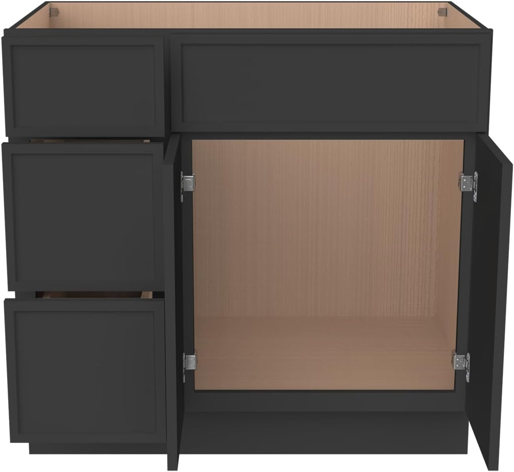 Solid Wood RTA Bathroom Vanity Sink Base Cabinet Sink Storage Cabinet with 2 Doors and 3 Left Drawers, Freestanding Bathroom Cabinet（Charcoal Black, 42'W × 21'D × 34-1/2'H