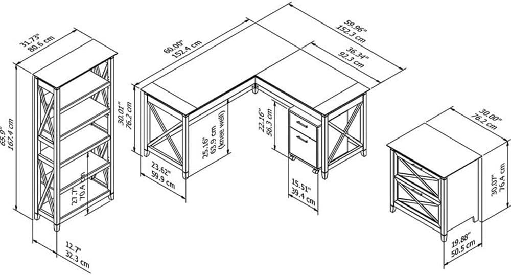 Bush Home Key West 60W L Shaped Desk with File Cabinets and 5 Shelf Bookcase in Pure White Oak