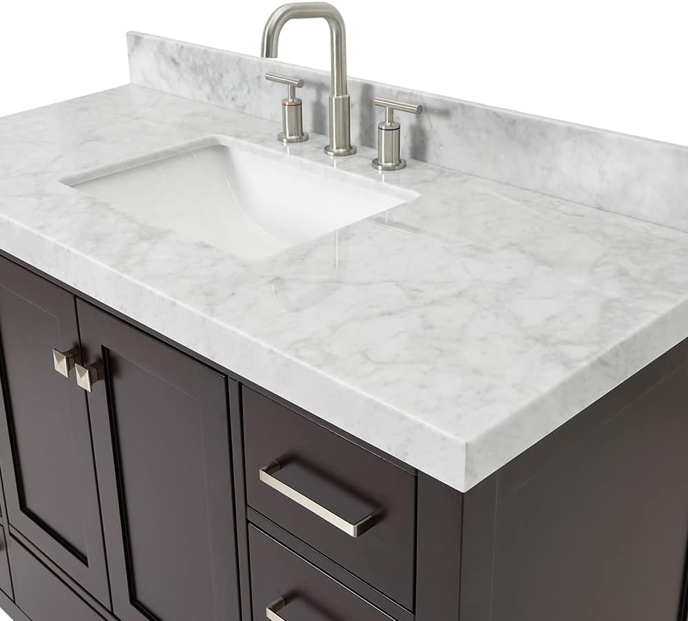 ARIEL Cambridge 48-inch Bathroom Vanity with Sink,Solid Wood, 2-inch Italian Carrara Marble Countertop, Single Rectangular Porcelain Sink, 2 Soft Closing Doors, 9 Dovetail Drawers, Espresso