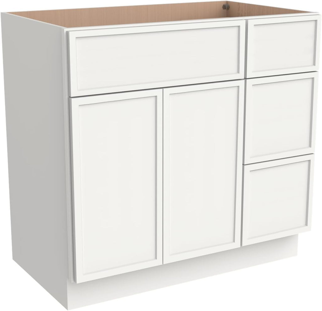 Solid Wood RTA 36' Bathroom Vanity Single-Sink Drawer Base Cabinet Sink Storage Cabinet with Soft-Close 2 Doors and 3 Right Drawers (NT-Origami White, 36' W × 21' D × 34-1/2'H)