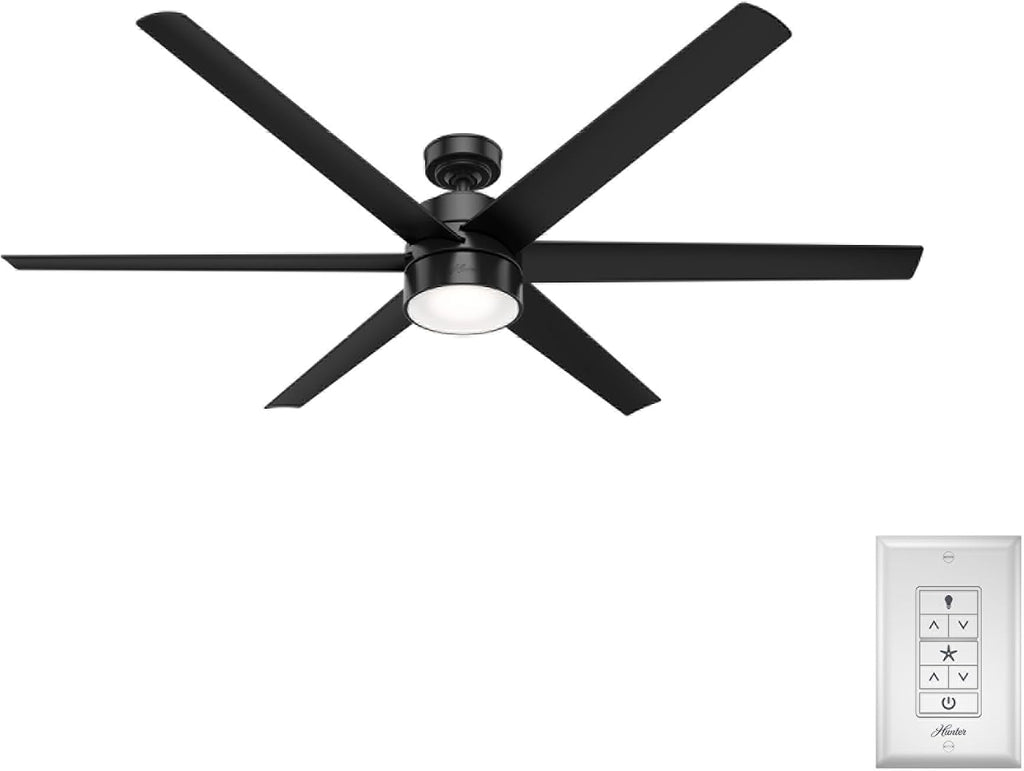 Hunter 72 inch Outdoor or Indoor Ceiling Fan with LED Light - Black Ceiling Fan with Wall Control, For Patio, Garage, or Porch, Quiet, Standard Mount, 6 Blades - Solaria 59628, Matte Black