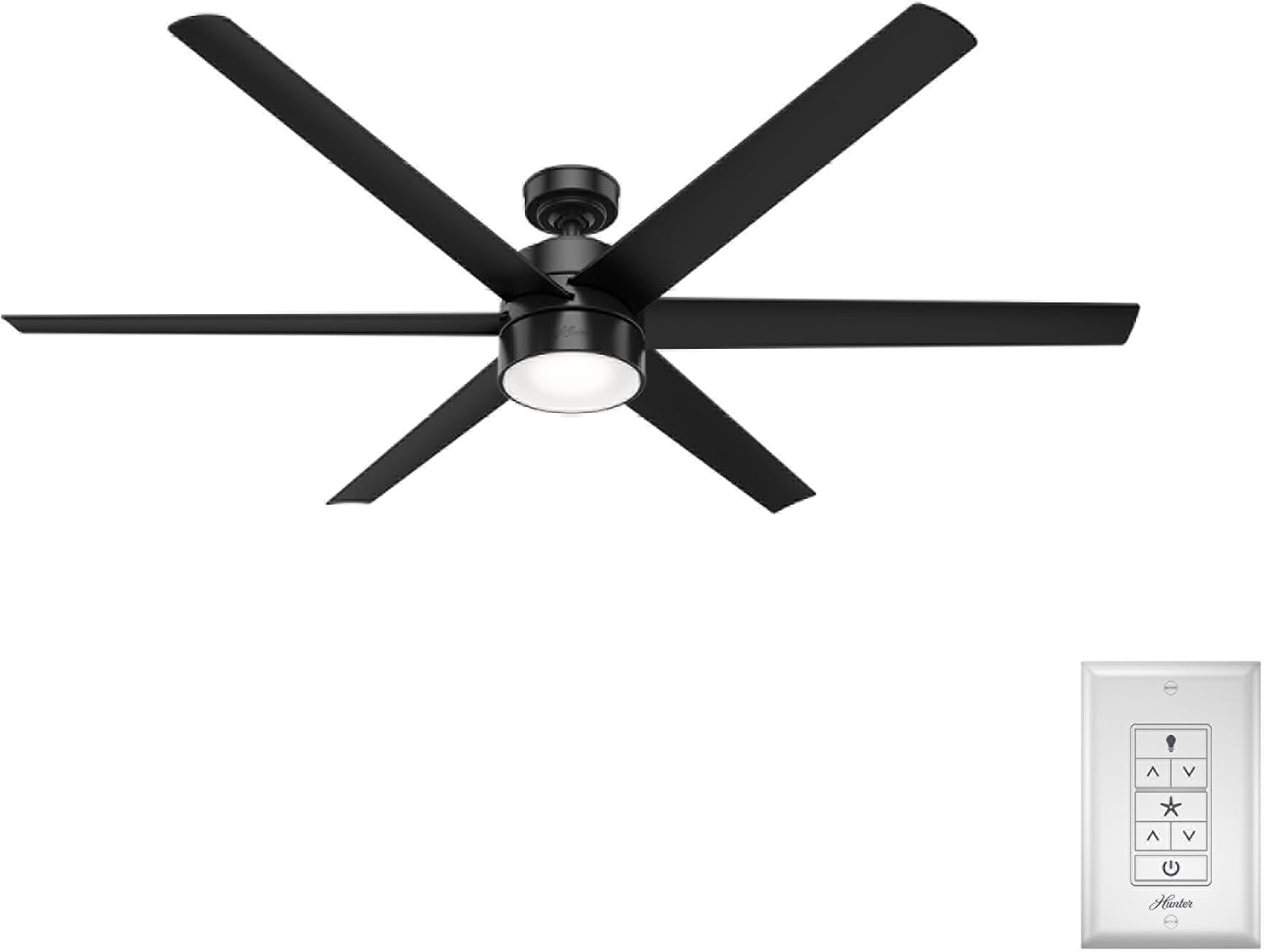 Hunter 72 inch Outdoor or Indoor Ceiling Fan with LED Light - Black Ceiling Fan with Wall Control, For Patio, Garage, or Porch, Quiet, Standard Mount, 6 Blades - Solaria 59628, Matte Black