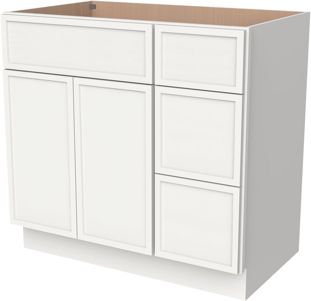 Solid Wood RTA 36' Bathroom Vanity Single-Sink Drawer Base Cabinet Sink Storage Cabinet with Soft-Close 2 Doors and 3 Right Drawers (NT-Origami White, 36' W × 21' D × 34-1/2'H)