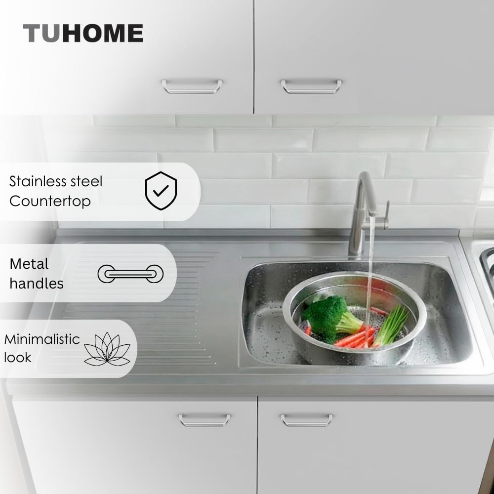 DEPOT E-SHOP Salento Utility Freestanding Sink with Cabinet 35.4' H x 39.3' W - Double Door, Two Shelves, Metal Handles, Aluminum Countertop, White, with Integrated Steel Sink