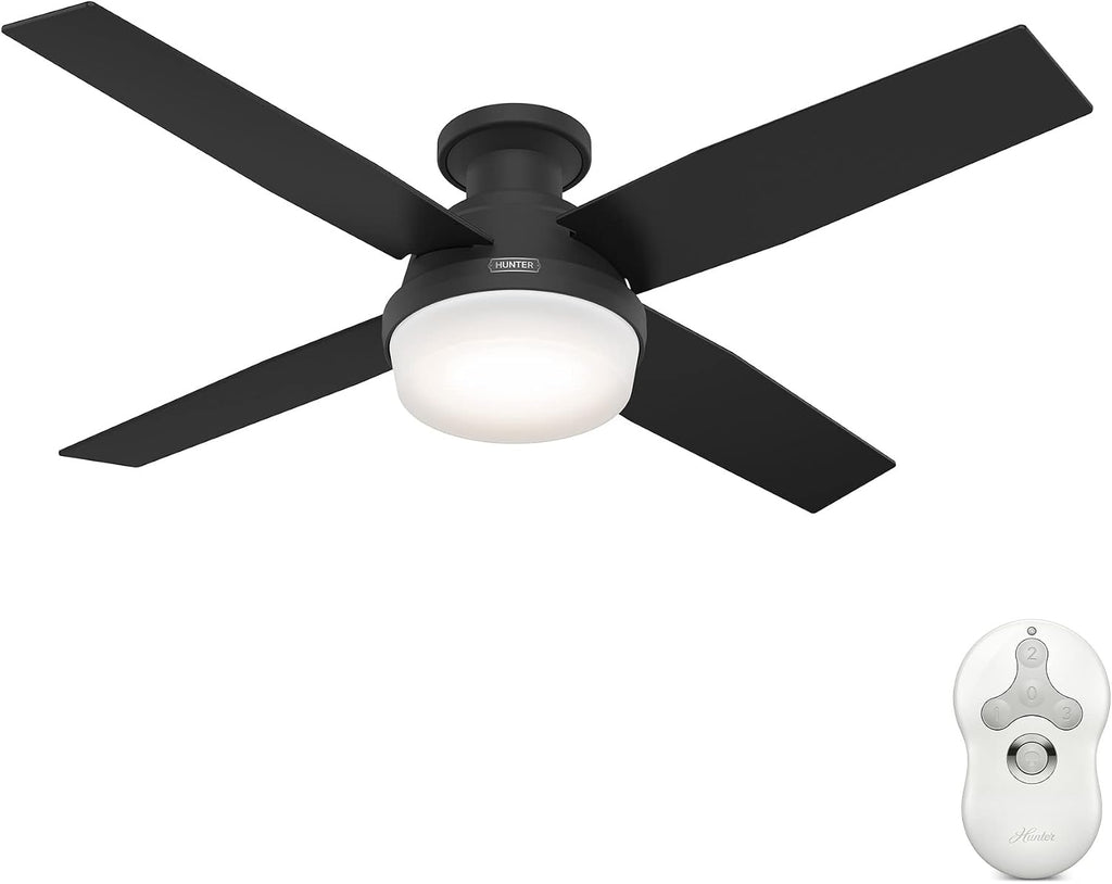 Hunter 52 inch Indoor Ceiling Fan with LED Light and Remote Control - Black Modern Ceiling Fan, Low Profile Mount, 4 Blades, for Bedroom, Living Room, or Kitchen, Quiet - Dempsey 52389, Matte Black