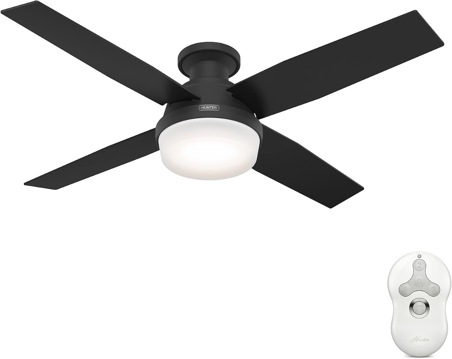 Hunter 52 inch Indoor Ceiling Fan with LED Light and Remote Control - Black Modern Ceiling Fan, Low Profile Mount, 4 Blades, for Bedroom, Living Room, or Kitchen, Quiet - Dempsey 52389, Matte Black