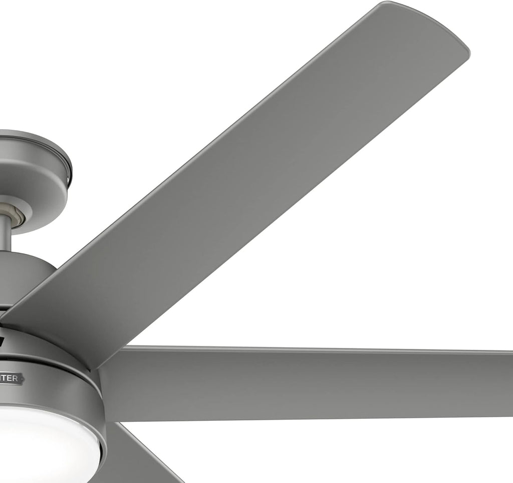 Hunter 60 inch Outdoor or Indoor Ceiling Fan with LED Light - Ceiling Fan with Wall Control, For Patio, Garage, or Porch, Quiet, Standard Mount, 6 Blades - Skysail 51876, Matte Silver