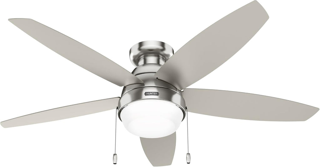 Hunter 52 inch Indoor Ceiling Fan with LED Light - Ceiling Fan with Pull Chain, For Bedroom, Living Room, or Kitchen, Low Profile Mount, No Remote, 5 Blades - Lilliana 52419, Brushed Nickel