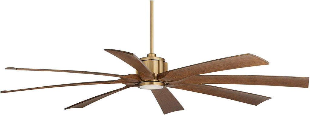 Possini Euro Design 70' Defender Large Modern Indoor Outdoor Ceiling Fan 8 Blade LED Light Remote Control Soft Brass Finish Motor Brown Koa Finish Blades Bedroom Patio Living Room Damp Rated
