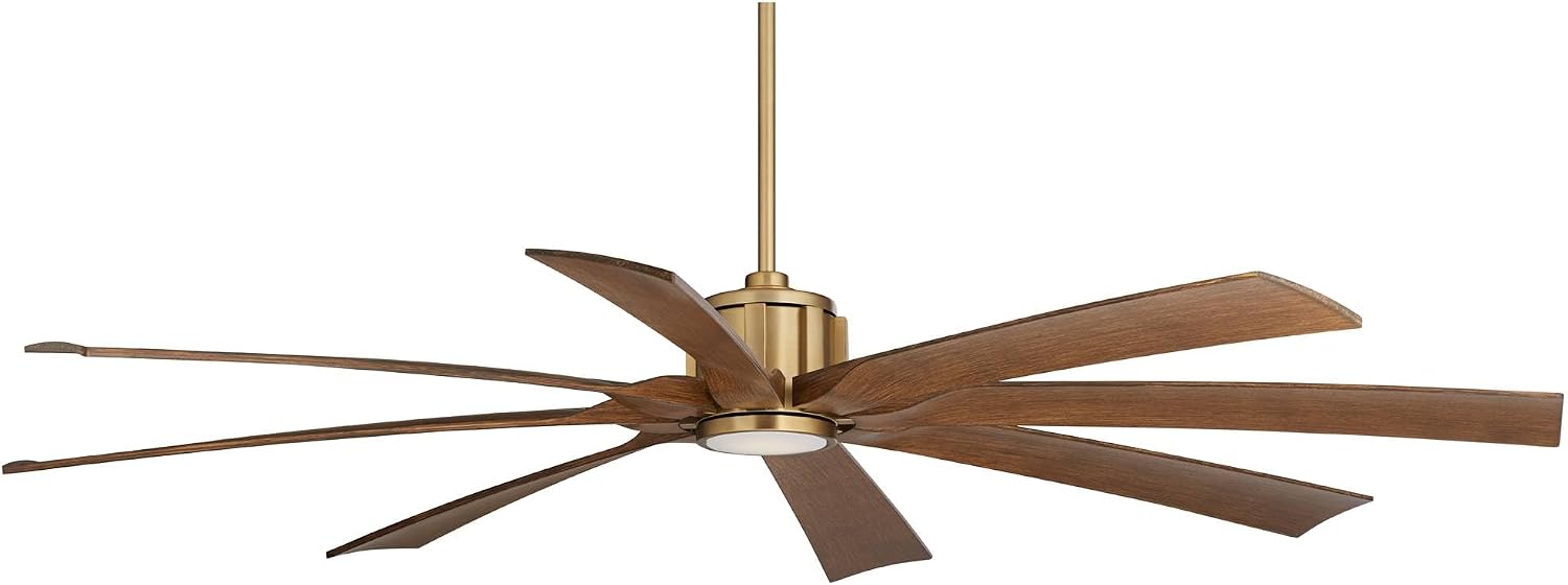 Possini Euro Design 70' Defender Large Modern Indoor Outdoor Ceiling Fan 8 Blade LED Light Remote Control Soft Brass Finish Motor Brown Koa Finish Blades Bedroom Patio Living Room Damp Rated