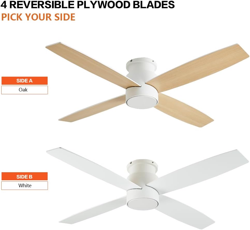 WINGBO 52' Flush Mount DC Ceiling Fan without Lights, 4 Reversible Blades, Ultra Quiet 6-Speed DC Motor, Hugger Low Profile Indoor Ceiling Fan No Lights, White Finish