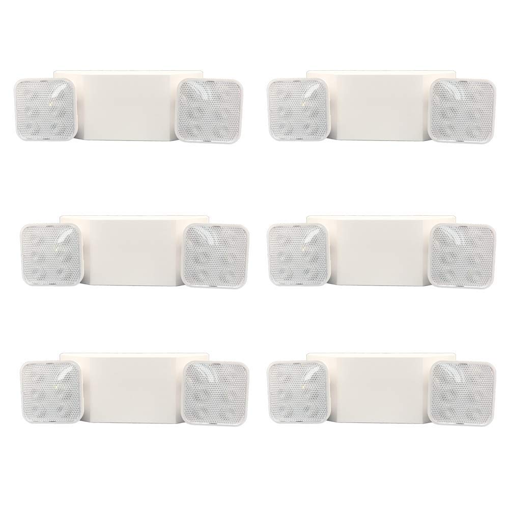 Amazon Basics LED Emergency Light, UL Certified, Fire Resistant, Battery Backup for Power Failure, Adjustable Two Heads, Wall Mount, White, 6-Pack