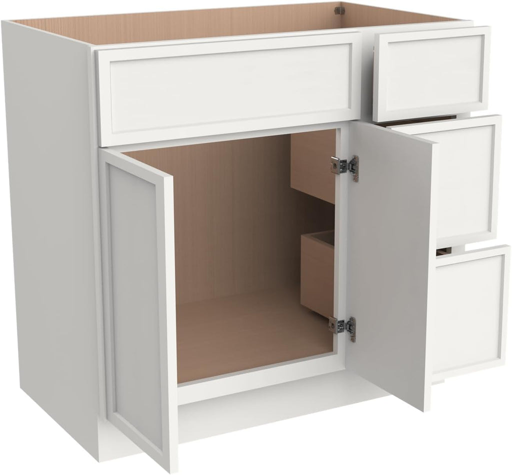 Solid Wood RTA 36' Bathroom Vanity Single-Sink Drawer Base Cabinet Sink Storage Cabinet with Soft-Close 2 Doors and 3 Right Drawers (NT-Origami White, 36' W × 21' D × 34-1/2'H)
